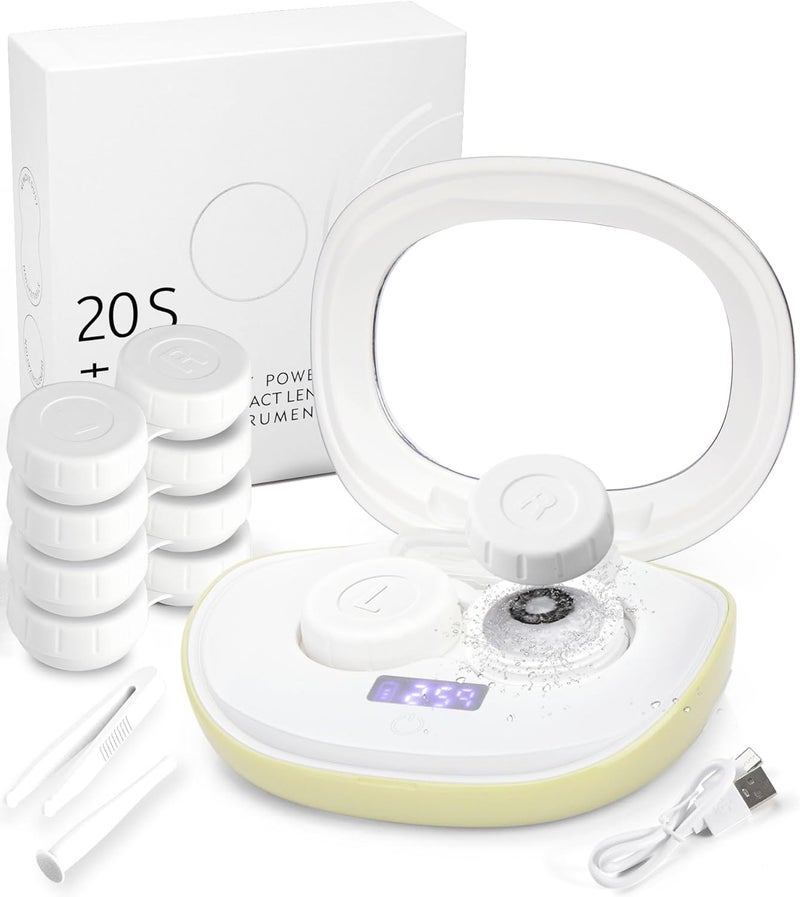 ofone Contact Lens Cleaner, Ultrasonic Contact Lens Cleaning Machine with USB Charger, Timer Display and 5 Contact Solution Cases Kit Replacement for Soft Hard Colored RGP Lenses (Avocado Green) - Image 1